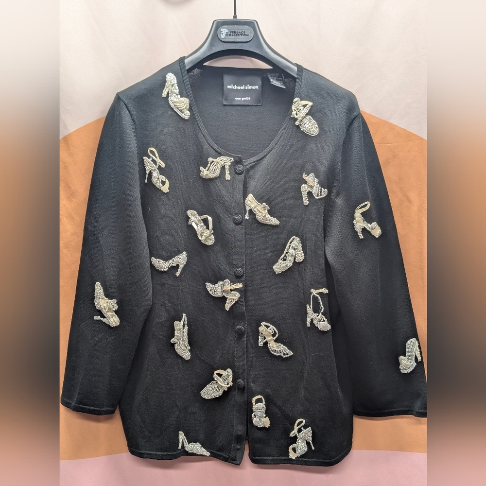 Michael Simon Black Cardigan with Silver Shoe Embellishments